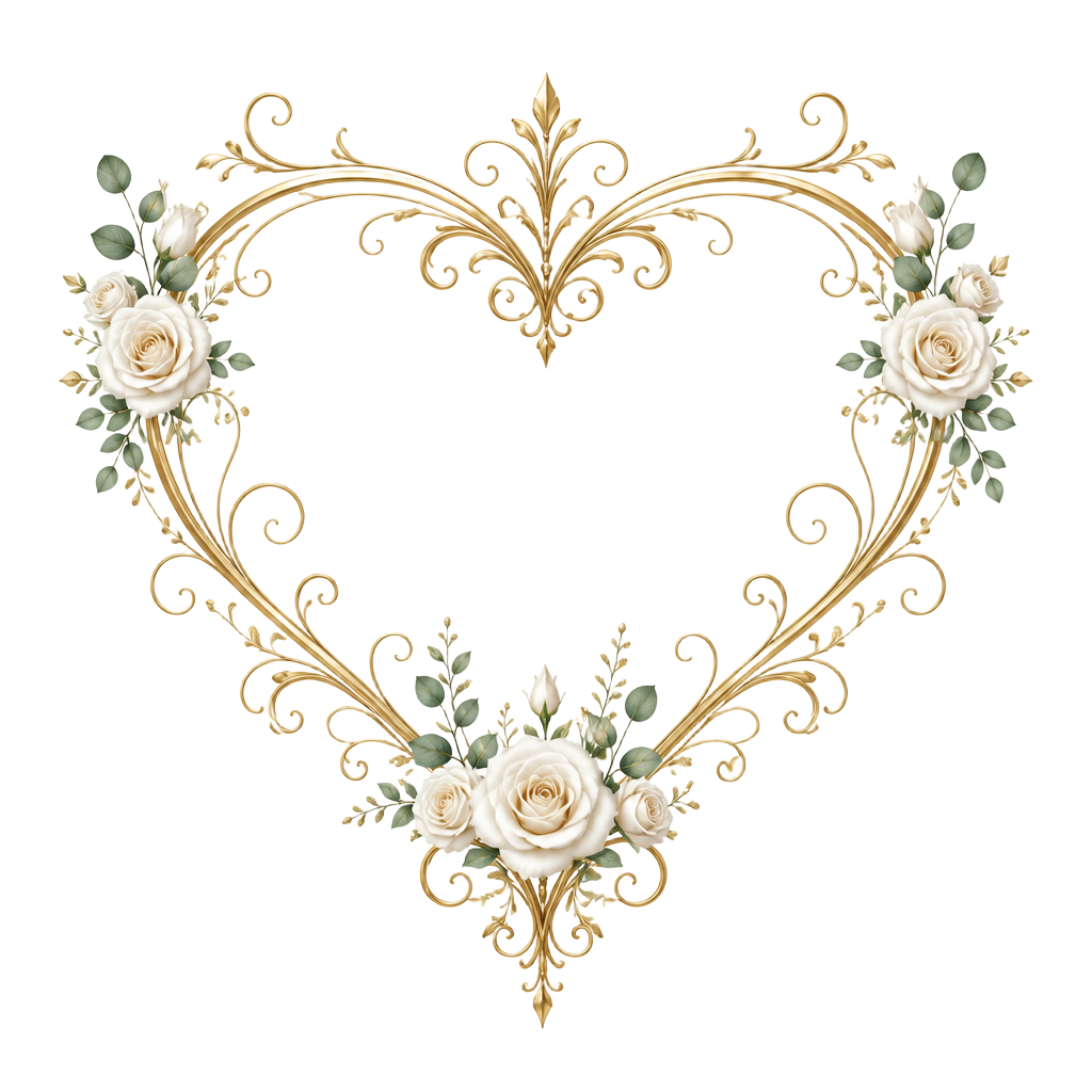 Corazón dorado con rosas blancas